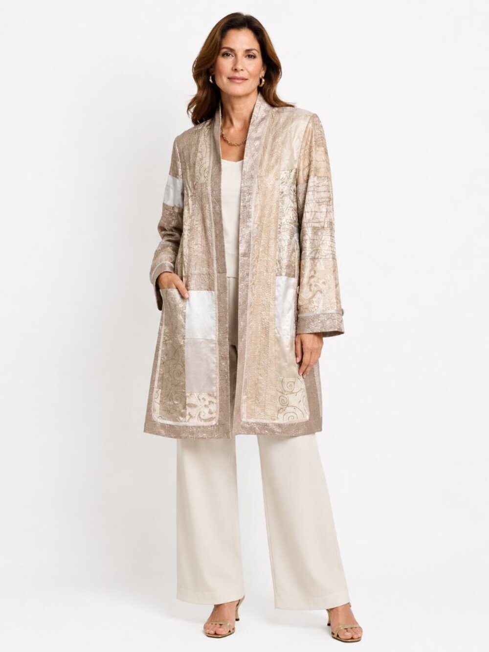Beige Patchwork Open-Front Women's Coat